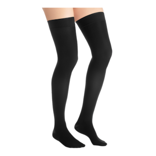 Close-up side view of a person wearing JOBST UltrSheer thigh-high compression stockings in black.