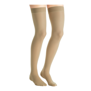 Close-up side view of a person wearing natural-colored JOBST UltraSheer thigh-high compression stockings.