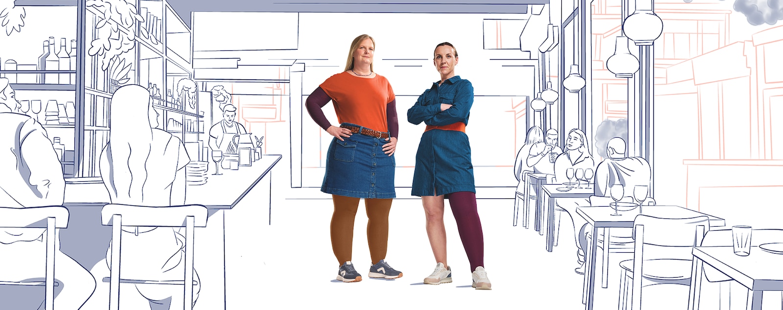 Two JOBST ambassadors wearing JOBST Confidence in an illustrated café scene