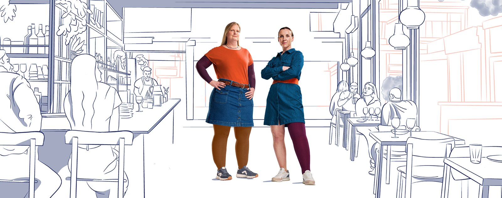 Two JOBST ambassadors wearing JOBST Confidence in an illustrated café scene