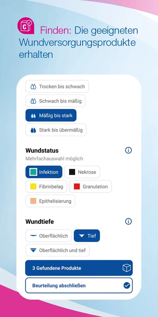 Anzeige passender Wundauflagen in der Cutimed® Wound Navigator App