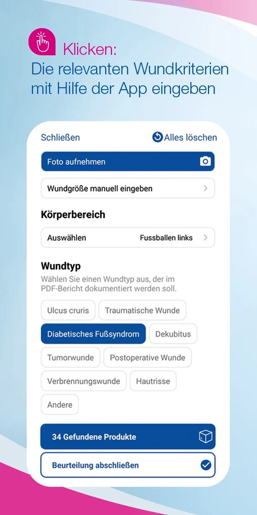 Das Menü des Cutimed® Wound Navigators zur Eingabe der Wundkriterien.