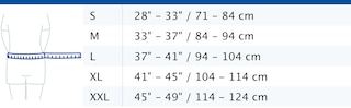 Size chart showing measurements for Actimove Sports Edition Back Support with 4 Stays and Adjustable Double Layer Compression
