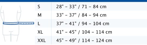 Size chart showing measurements for Actimove Sports Edition Back Support with 4 Stays and Adjustable Double Layer Compression
