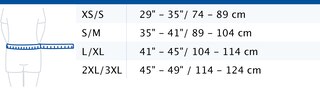 Size chart showing measurements for Actimove Sports Edition Back Stabilizer with Pressure Pads and SMART Easy-Closing-Pulley-System

