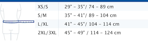 Size chart showing measurements for Actimove Sports Edition Back Stabilizer with Pressure Pads and SMART Easy-Closing-Pulley-System
