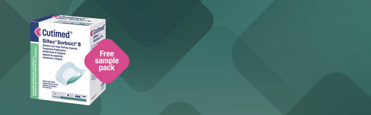 Cutimed Sorbact Siltec B product pack with FREE sample text on a green background