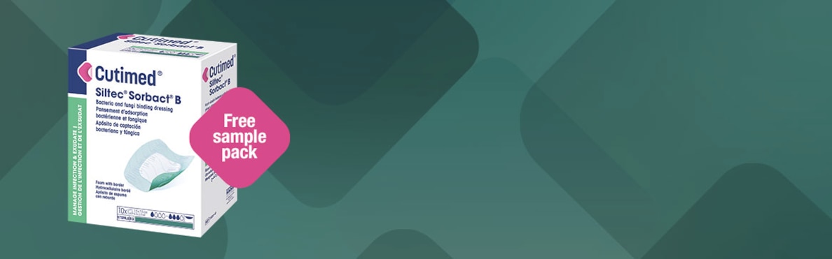 Cutimed Sorbact Siltec B product pack with FREE sample text on a green background