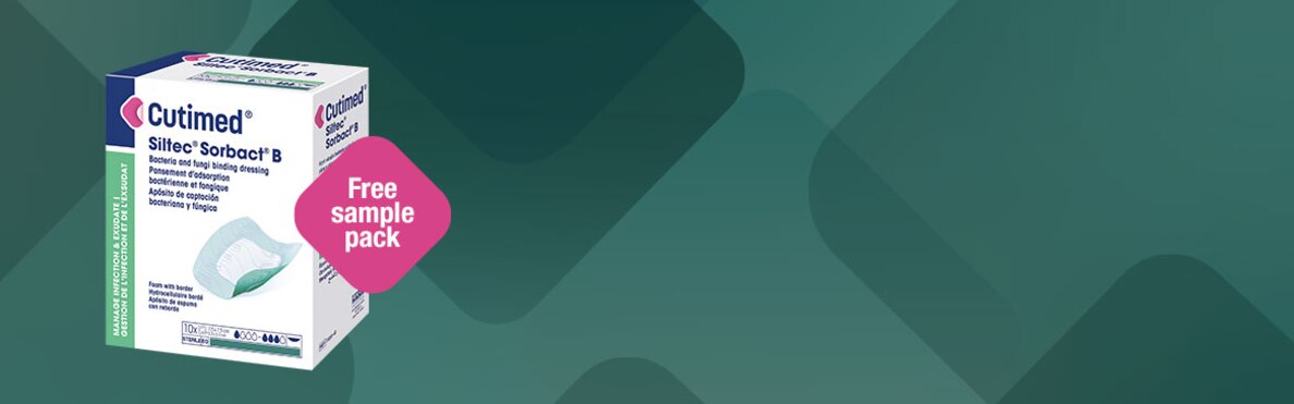 Cutimed Sorbact Siltec B product pack with FREE sample text on a green background