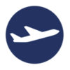 A blue circle icon with a white airplane silhouette inside.