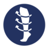 A blue circle icon featuring a white illustration of a person’s leg with arrows circling around it.