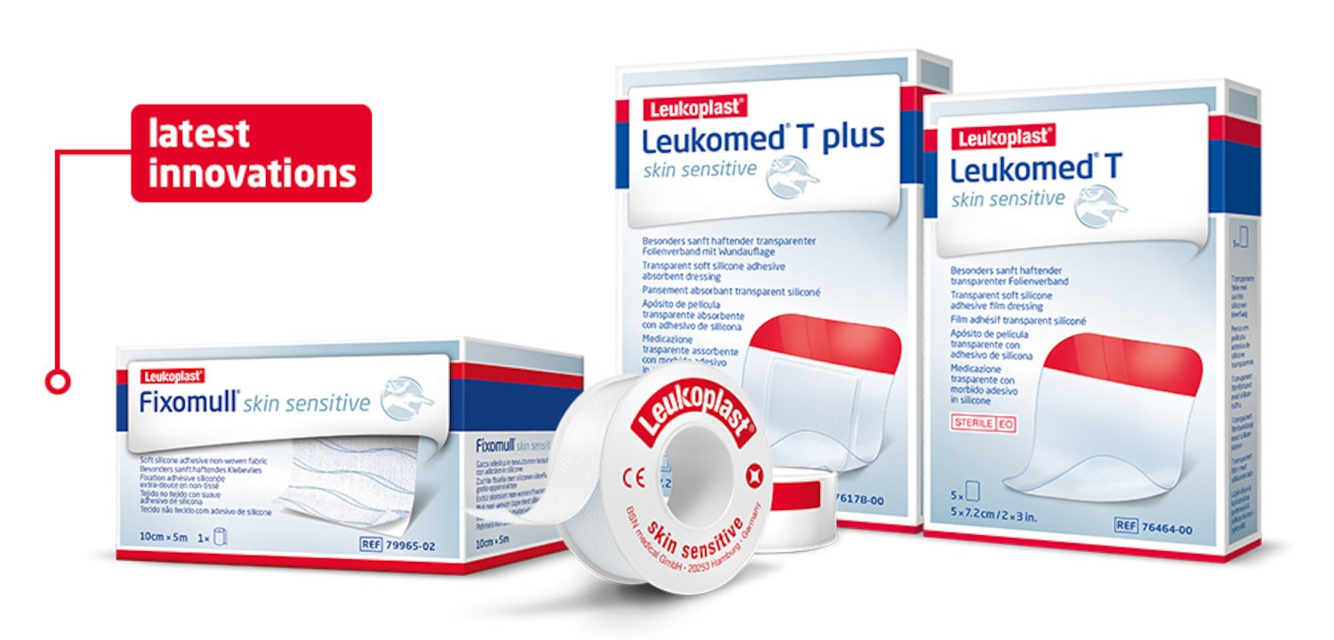 We see four examples of Leukoplast products with skin-sensitive technology: Fixomull, Leukomed T and T plus, and one spool of fixation tape. 