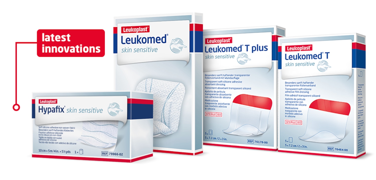 We see four examples of Leukoplast products with skin-sensitive technology: Hypafix, Leukomed, Leukomed T and T plus.