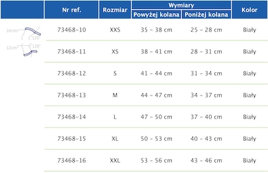 Tabela rozmiarów przedstawiająca wymiary stabilizatora stawu kolanowego Actimove Professional Line GenuMotion Tabela rozmiarów przedstawiająca wymiary stabilizatora stawu kolanowego Actimove Professional Line GenuMotion