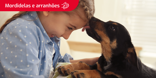 Cachorro a lamber carinhosamente a testa de uma rapariga sorridente e o texto "Bites and scratches" numa caixa no canto superior esquerdo.