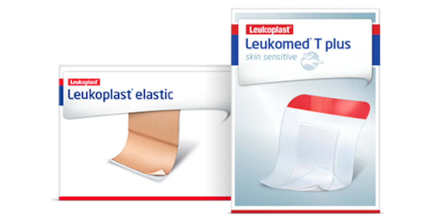 Dois produtos Leukoplast para utilização profissional: Leukoplast elastic e Leukomed T plus.