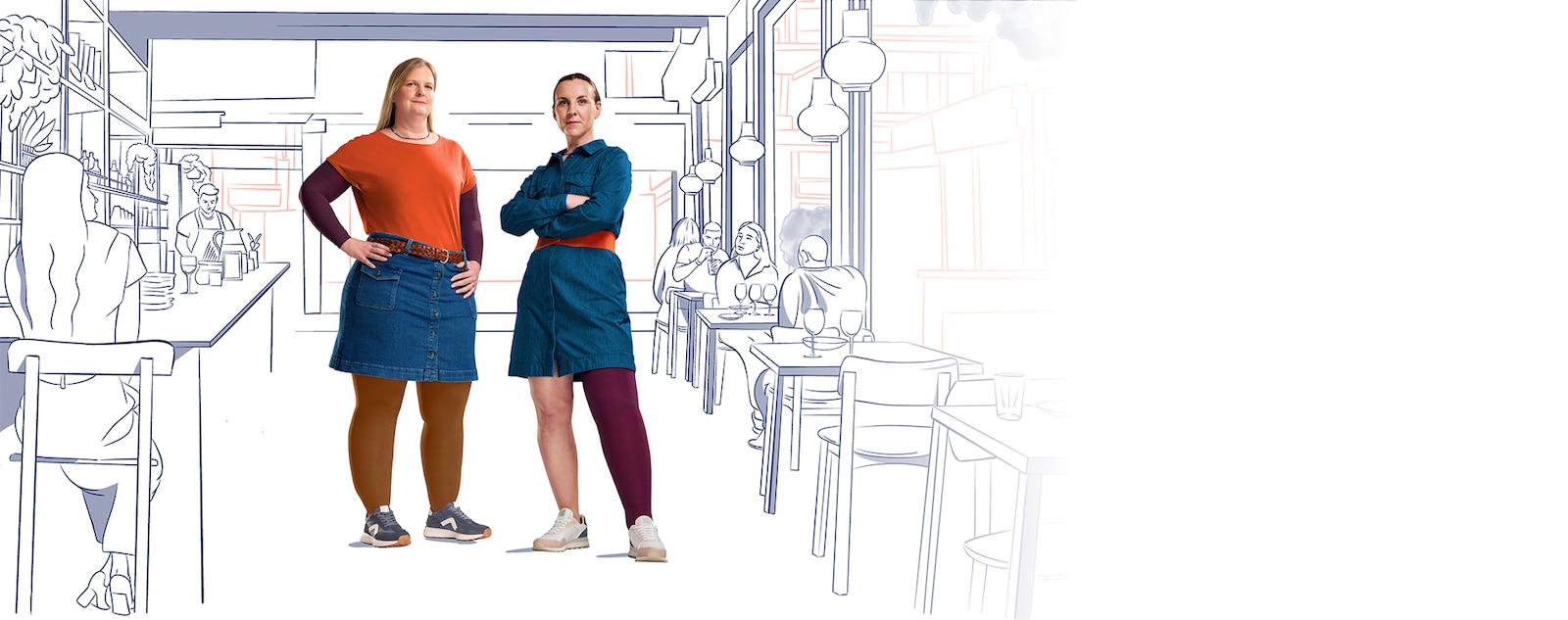 Deux ambassadrices JOBST portant des vêtements Confiance de JOBST dans un décor de caféé illustré