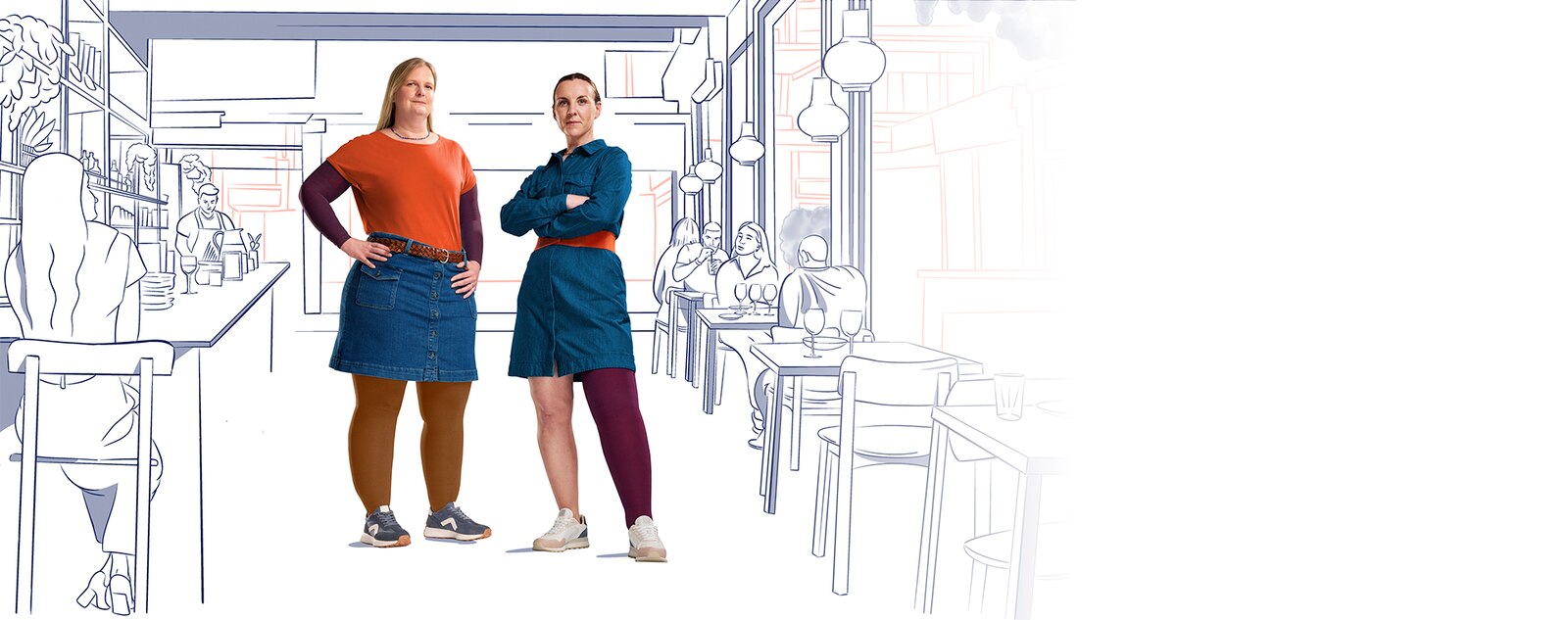 Two JOBST ambassadors wearing JOBST Confidence in an illustrated café scene