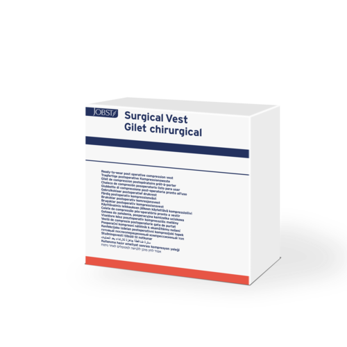 Packshot of a JOBST Surgical Vest packaging box. The box is white with the JOBST logo and product text printed in navy blue.