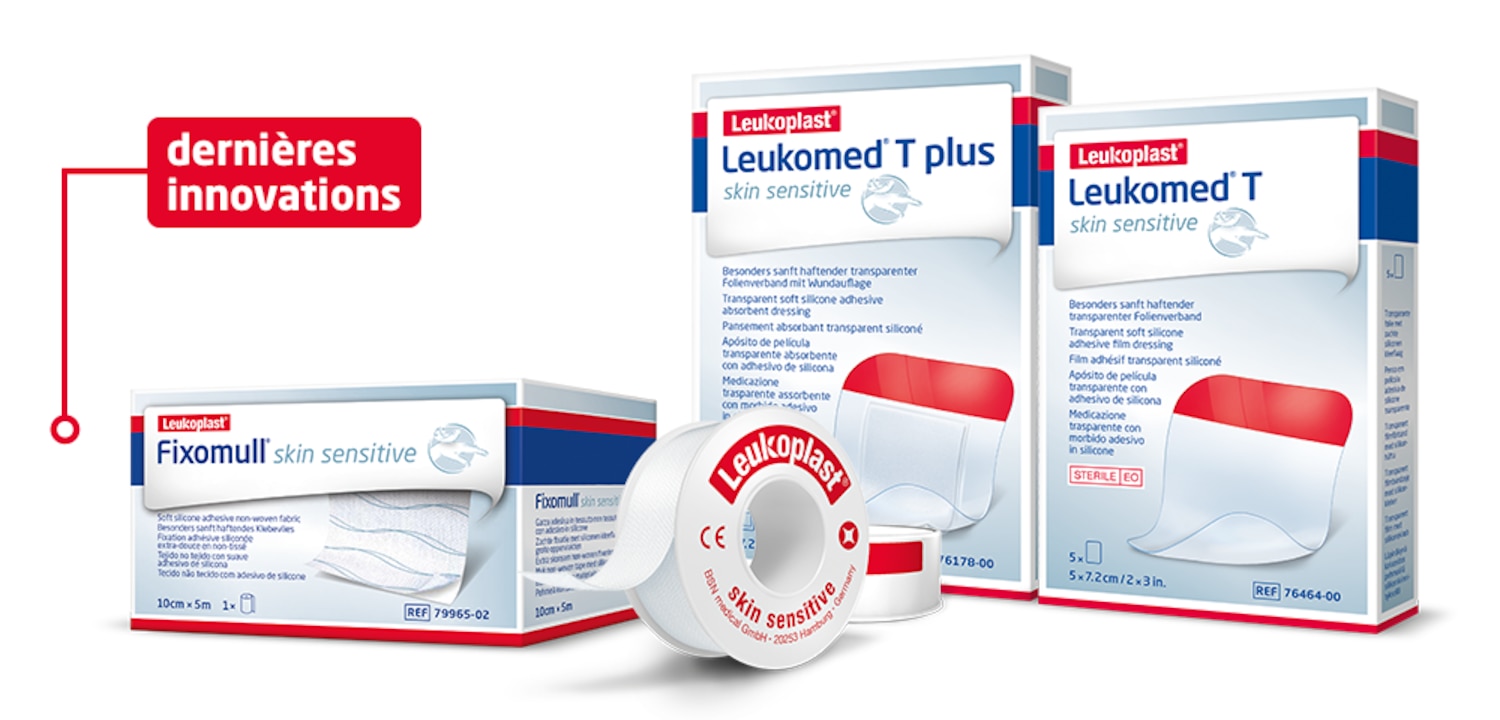 Nous voyons quatre exemples de produits Leukoplast dotés de la technologie pour peau sensible : Fixomull, Leukomed T et T plus, et une bobine de bande de fixation. 