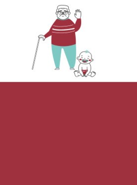 Ilustración de un hombre mayor con bastón y un bebé para representar las curas diseñadas para las heridas en pieles más sensibles.