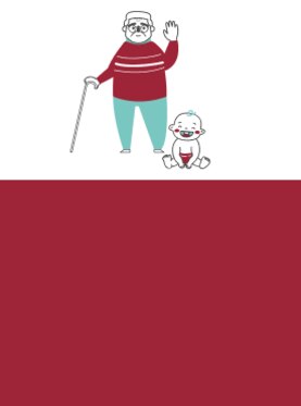 Illustrazione di un uomo anziano con un bastone e un bebè per rappresentare le cure pensate per le ferite sulle pelli più sensibili.