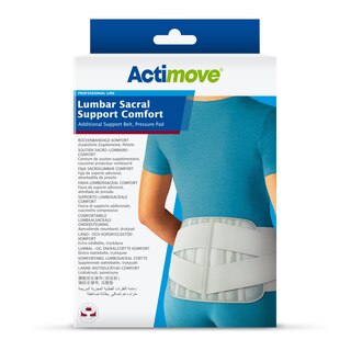 Pakiranje Actimove Professional Line udobnog steznika za lumbalno i sakralno područje s dodatnim potpornim pojasom i pritisnim jastučićem na modelu
