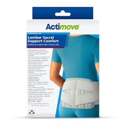 Pack of Actimove Professional Line Lumbar Sacral Support Comfort wtih Additional Support Belt and Pressure Pad on model
