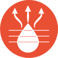 Icon of a droplet intersected by three horizontal lines, with arrows above it indicating upward airflow.