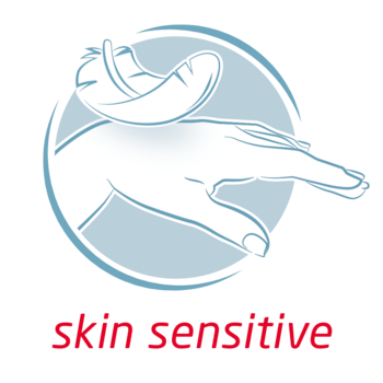 Leukoplast skin sensitive pictogram met een veer die hand aanraakt