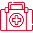 Ícone de um estojo de primeiros socorros que representa o ato de prestar primeiros socorros e assistência direta a uma pessoa que necessite de primeiros socorros.