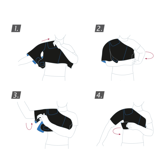 How to put on Actimove Sports Edition Shoulder Support: slide your left arm through the opening and fasten the straps
