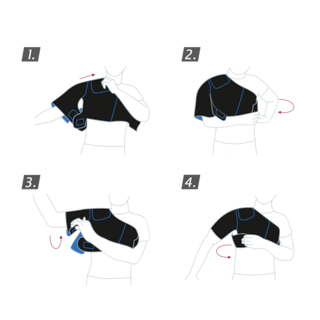 How to put on Actimove Sports Edition Shoulder Support: slide your left arm through the opening and fasten the straps