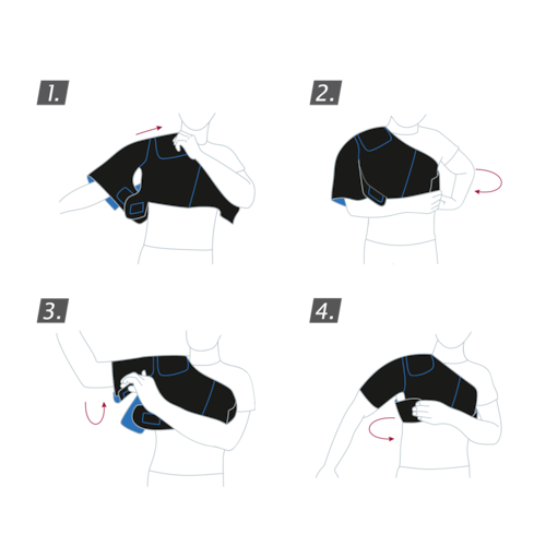 How to put on Actimove Sports Edition Shoulder Support: slide your left arm through the opening and fasten the straps
