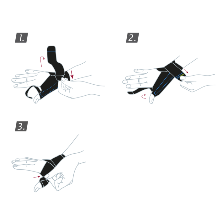 How to put on the Actimove Sports Edition Thumb Stabilizer: Slide your hand through the stabilizer and secure the straps
