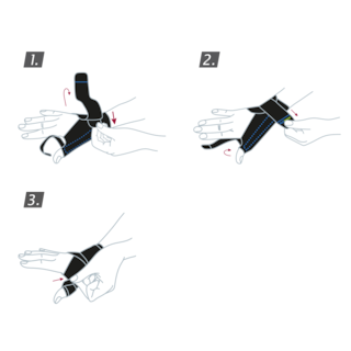 How to put on the Actimove Sports Edition Thumb Stabilizer: Slide your hand through the stabilizer and secure the straps