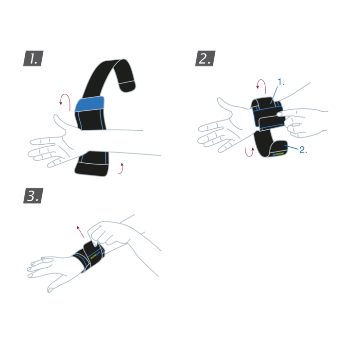 How to put on the Actimove Sports Edition Wrist Support: Wrap it around your wrist and close the hook-and-loop. Then wrap the second, elastic strap around the wrist and close it
