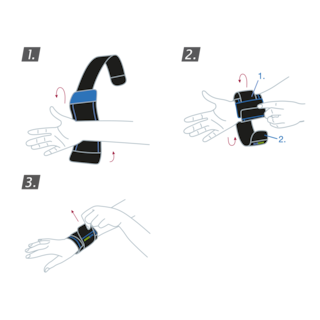 How to put on the Actimove Sports Edition Wrist Support: Wrap it around your wrist and close the hook-and-loop. Then wrap the second, elastic strap around the wrist and close it