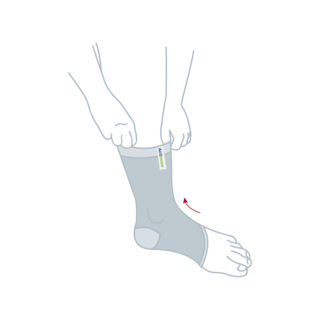 How to put on the Actimove Arthritis Care Ankle Support: Hold the ankle sleeve open, slide your foot in and pull it up
