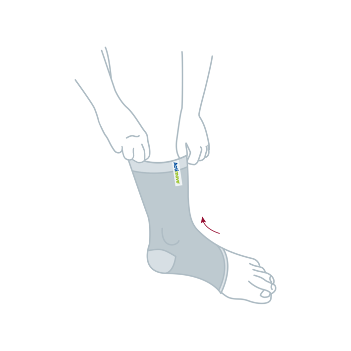 How to put on the Actimove Arthritis Care Ankle Support: Hold the ankle sleeve open, slide your foot in and pull it up
