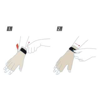 How to put on the Actimove Arthritis Care Gloves: Pull the glove up your wrist until comfortable. Secure the glove with the wrist strap
