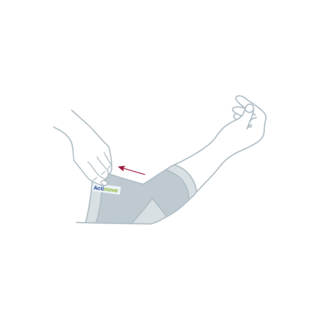 How to put on the Actimove Arthritis Care Elbow Support: Slide your arm into your Actimove Arthritis Care Elbow Support and pull it onto your elbow