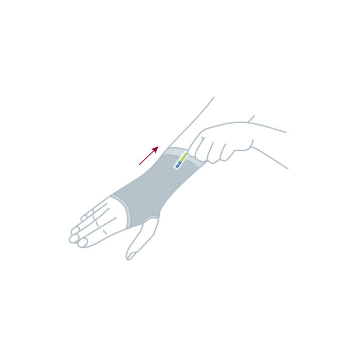 How to put on the Actimove Arthritis Care Support: Slide your hand into the wrist sleeve and place your thumb through the opening on the side
