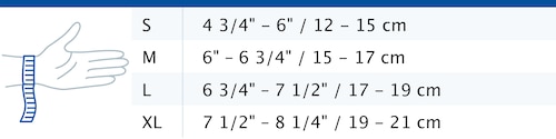 Size chart showing measurements for Actimove Arthritis Care Wrist Support
