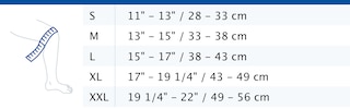 Size chart showing measurements for Actimove Arthritis Care Knee Support
