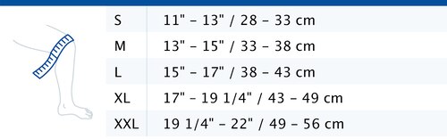 Size chart showing measurements for Actimove Arthritis Care Knee Support
