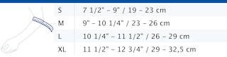 Size chart showing measurements for Actimove Arthritis Care Elbow Support
