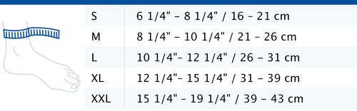 Size chart showing measurements for Actimove Arthritis Care Ankle Support
