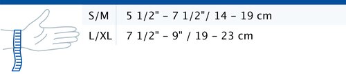 Size chart showing measurements for Actimove Sports Edition Thumb Stabilizer with Extra Stays
