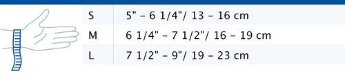 Size chart showing measurements for Actimove Sports Edition Wrist Stabilizer Adjustable with Metal Stay
